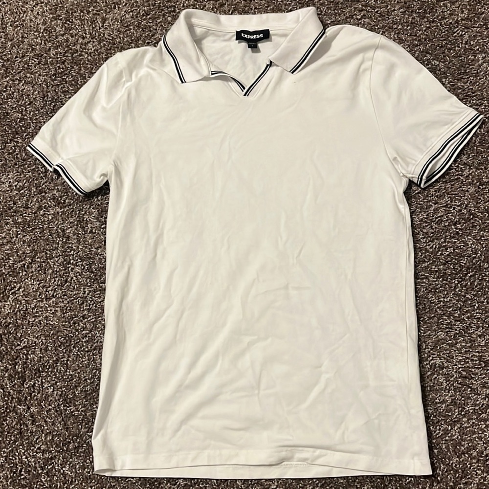 White polo with black stripes on arms and neck (S)